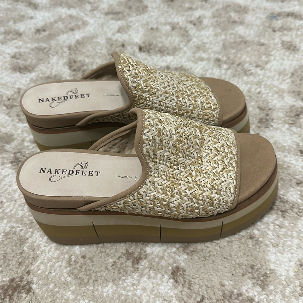 Naked Feet Tan and Cream Woven Platform Slides